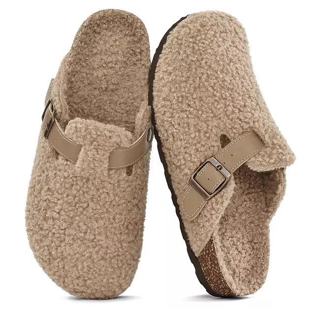 KIDMI Women's Fur Lined Genuine Suede Clogs Fuzzy Cork Footbed Potato Shoes