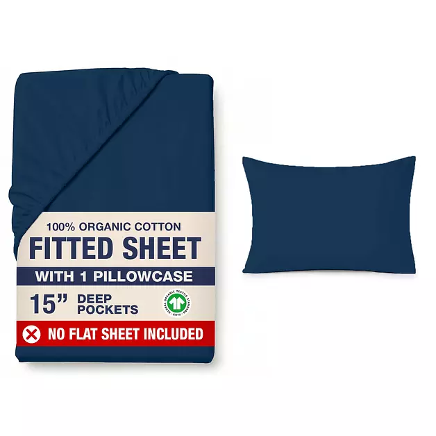 LANE LINEN Twin XL Fitted Sheet, 100% Organic Cotton 2-Piece Set (1 Fitted Sheet, 1 Pillowcase), Percale Weave, Bottom Sheet, Soft, Breathable, Fits Mattress Upto 15" Deep - Navy (No Flat Sheet)
