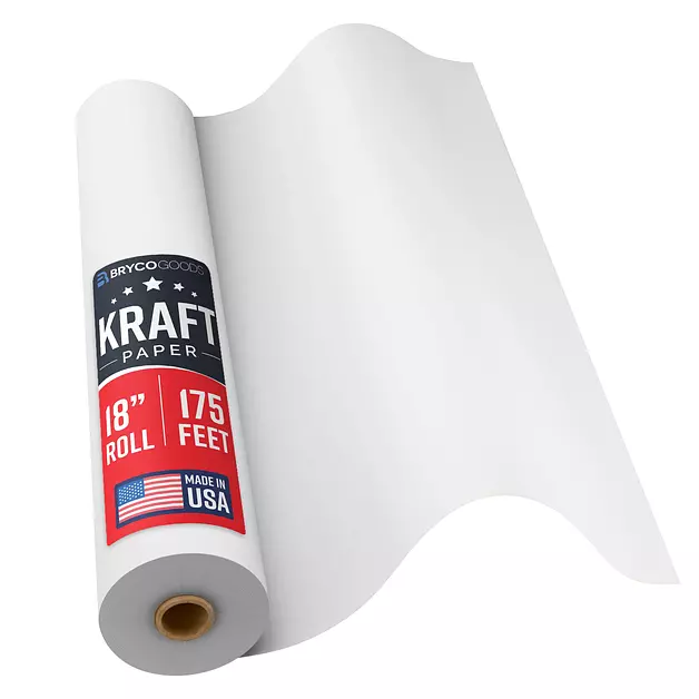 Bryco Goods 18”x2100” (175’) White Kraft Paper Roll for Painting, Drawing, Banner, Bulletin Board, Easel Paper, Floor Covering, Packaging, Shipping, Gift Wrapping, Arts & Crafts – Made in USA