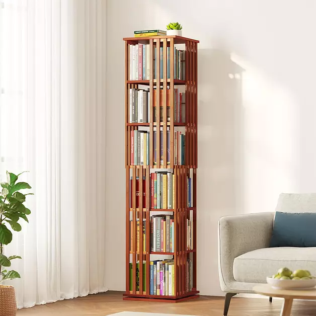 SpaceAid 6 Tier Rotating Bookshelf Tower, Bamboo Spinning Book Shelf, Revolving 360 Bookcase Storage Swivel Round Carousel, Vertical Rotate Turning Spiral Corner Organizer (6-Tier Walnut)