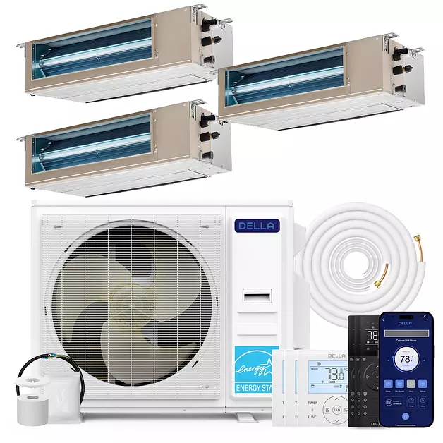 DELLA 27K BTU 3 Zone (2x9K+18K BTU) Concealed Ducted Mini Split AC 22 SEER2