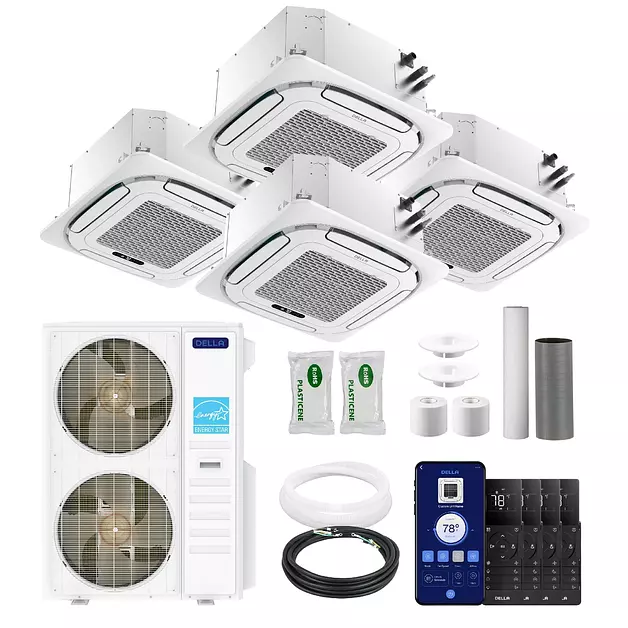 DELLA 48K BTU 4-Zone (2x9K+2x18K) Ceiling Cassette Mini Split AC, 24 SEER2