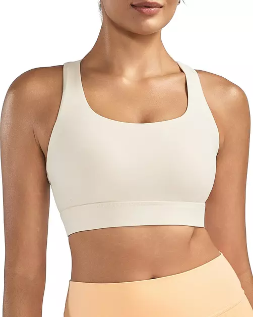 RUNNING GIRL High Impact Sports Bras for Women - Scoop Neck Strappy Sports Bra High Support Moulded Cup Workout Bra(WX3022 White Apricot XL)